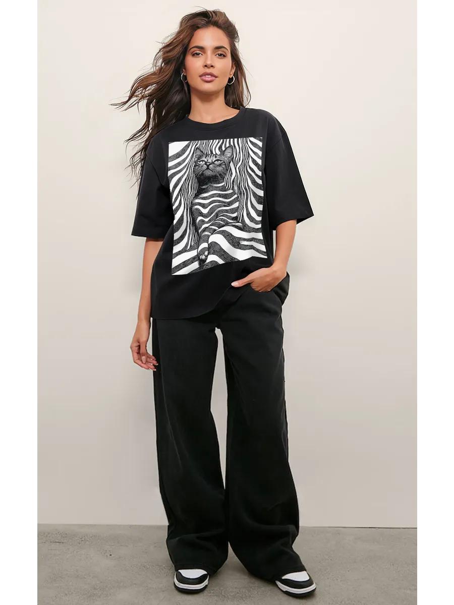 Black Y2K oversized T-shirt with cat print 2XL