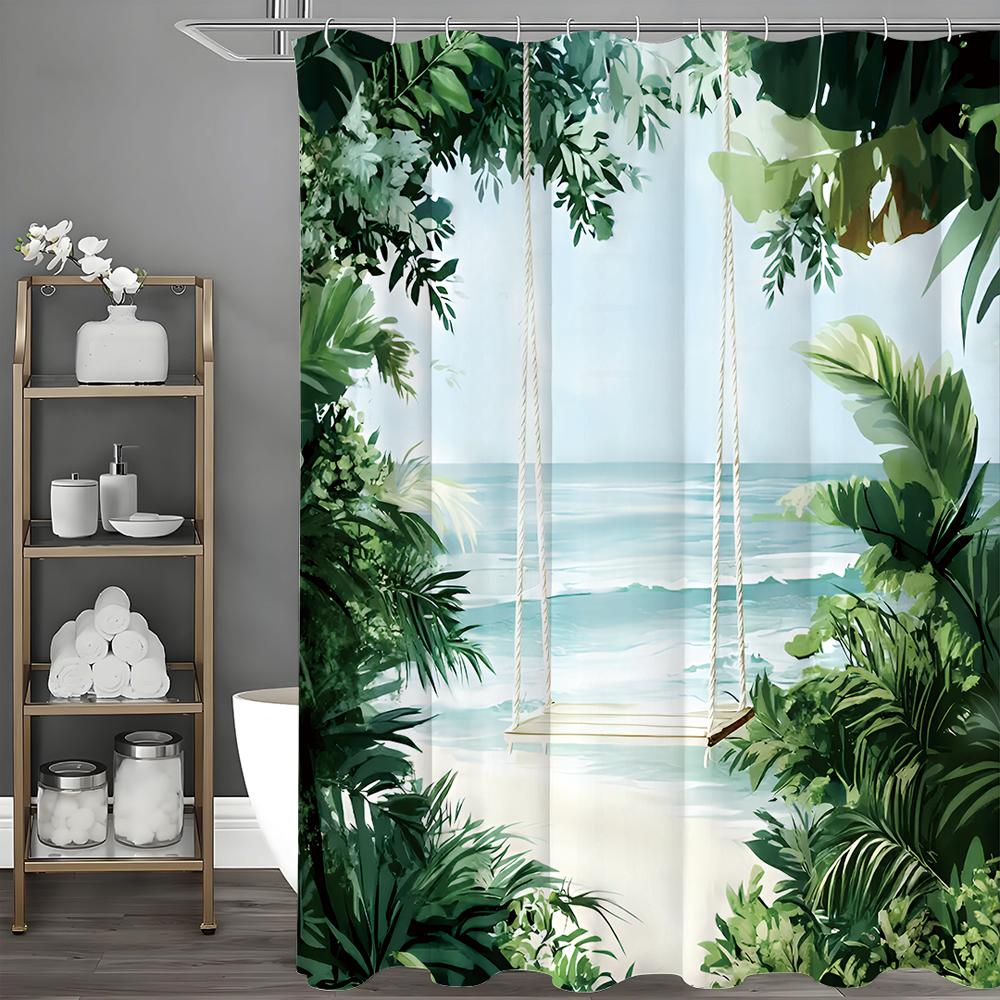 Ocean Beach Swing Greenery Shower Curtain, Bathroom Decorative Shower Curtain, Waterproof Shower Curtain with Hooks