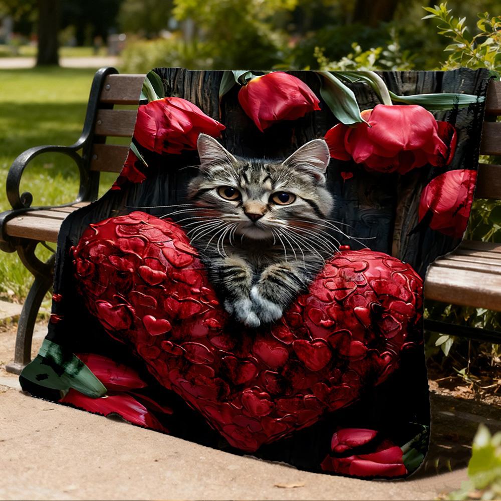 1pc Cat Heart Tulips Outdoor Flannel Blanket , Machine Washable Perfect Gift for Birthday , Holiday Travel Accessory , Durable Material