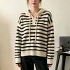 Oversized Hooded Knit Sweater Women Black White Stripe Loose V-Neck Pullover Cozy Winter Top