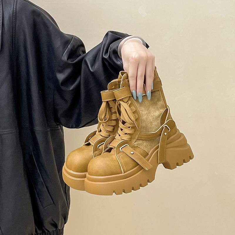 

2025 осень и зима новая модная женская обувь Мартин вставки из ткани на толстой подошве обувь на платформе короткие ботинки ремешок универсальные ботинки-локомотивы 40 жёлтый