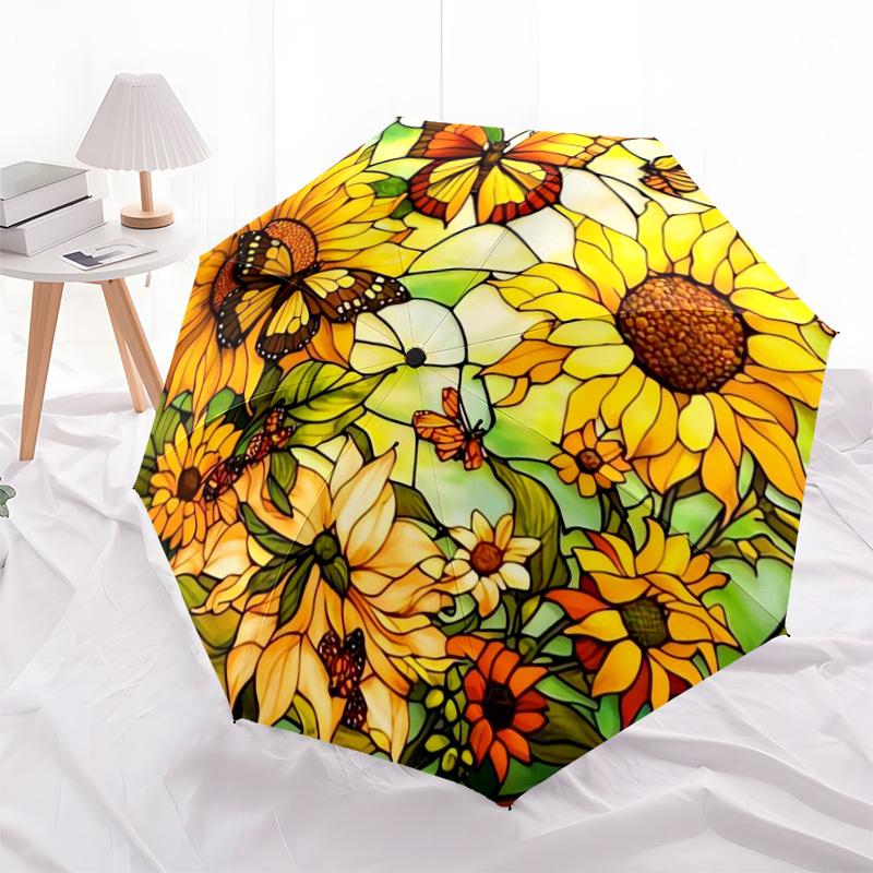 1pc Stained Glass Sunflowers Butterflies Umbrella with Plastic Handle,Suitable for All Seasons Home Travel Outdoor UmbrellaDD882