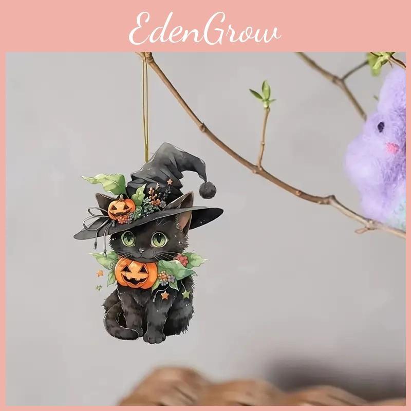 Flat Acrylic Surface Pendant With Halloween Cat Pumpkin Design For Auto Decor