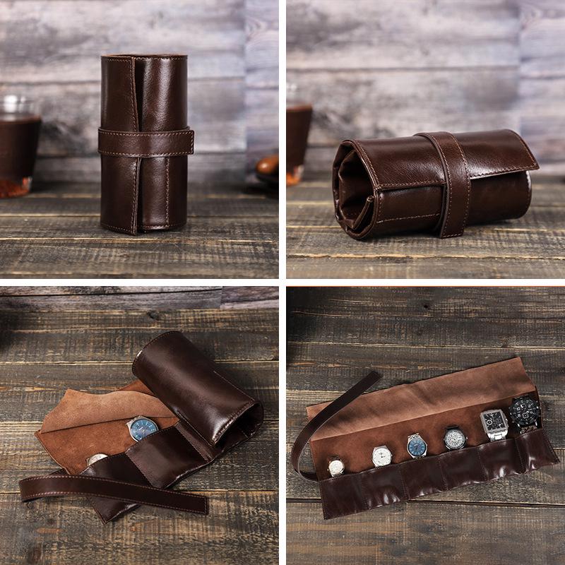 Oil Wax Cowhide Six-Watch Tie-Up Leather Travel Pouch