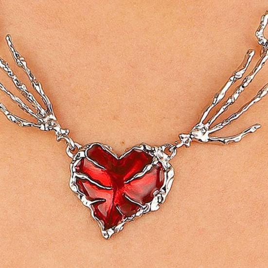 Women Necklace Red Rhinestone Heart Pendant Skeleton Hand Shape Punk Dark Style Individual Hollow Out Neck Jewelry for Club Party