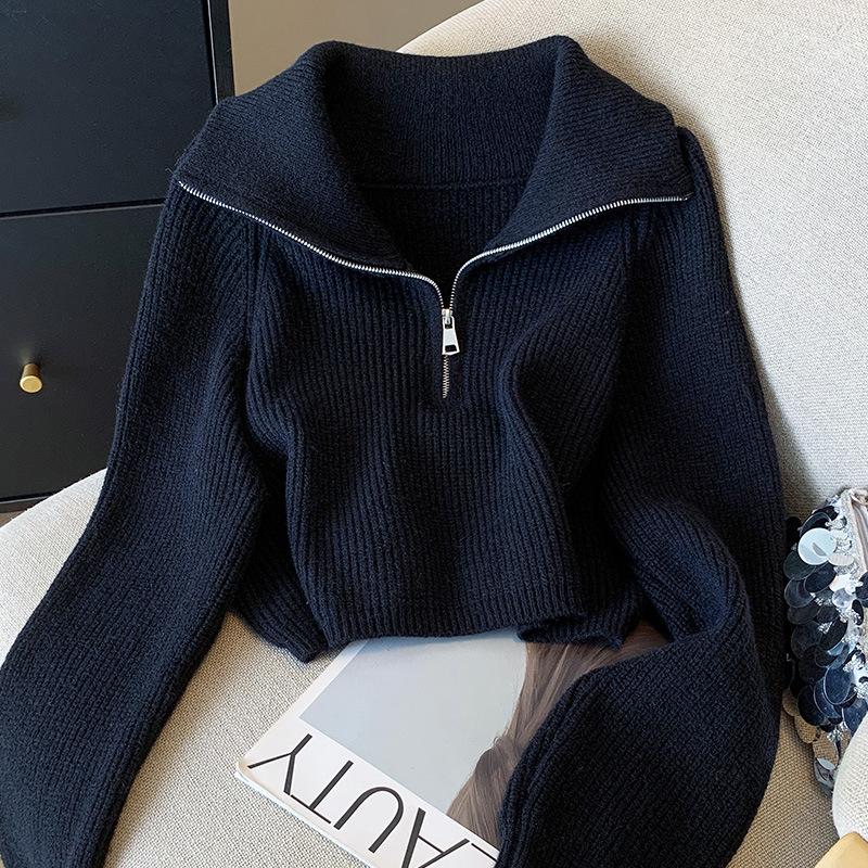 

Свитер с полумолнией для женщин на осень и зиму, свободный свитер с ленивыми лацканами, новый короткий топ в корейском стиле one size fits all