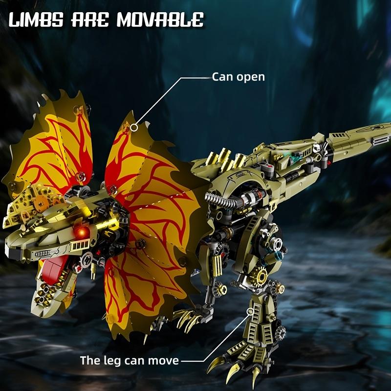 Non-Toxic New Dilophosaurus Building Blocks Mechanical Dinosaur Model Kit With Light And Linkage Motion Jurassic Animal Christmas Gifts