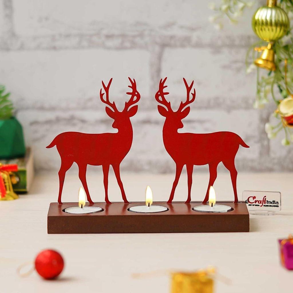 Reindeer Showpiece Decorative Tea Light Candle Holders (Wooden, Red) | Christmas Decoration Items for Home Office | Christmas Ornaments Props