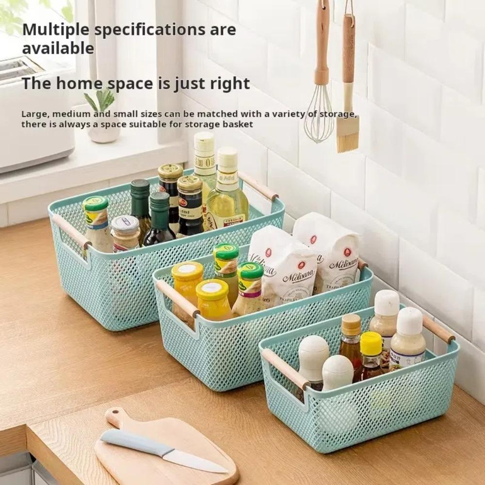 Wood Handle Sundry Storage Basket Rectangle Woven Mesh Basket Household Organizer