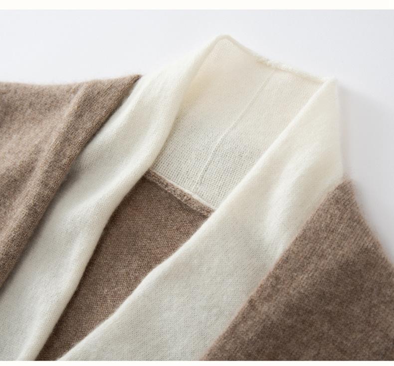 Autumn-Winter Women's V-neck Color Block Cashmere Cardigan - Elegant Two-Piece Knit Sweater