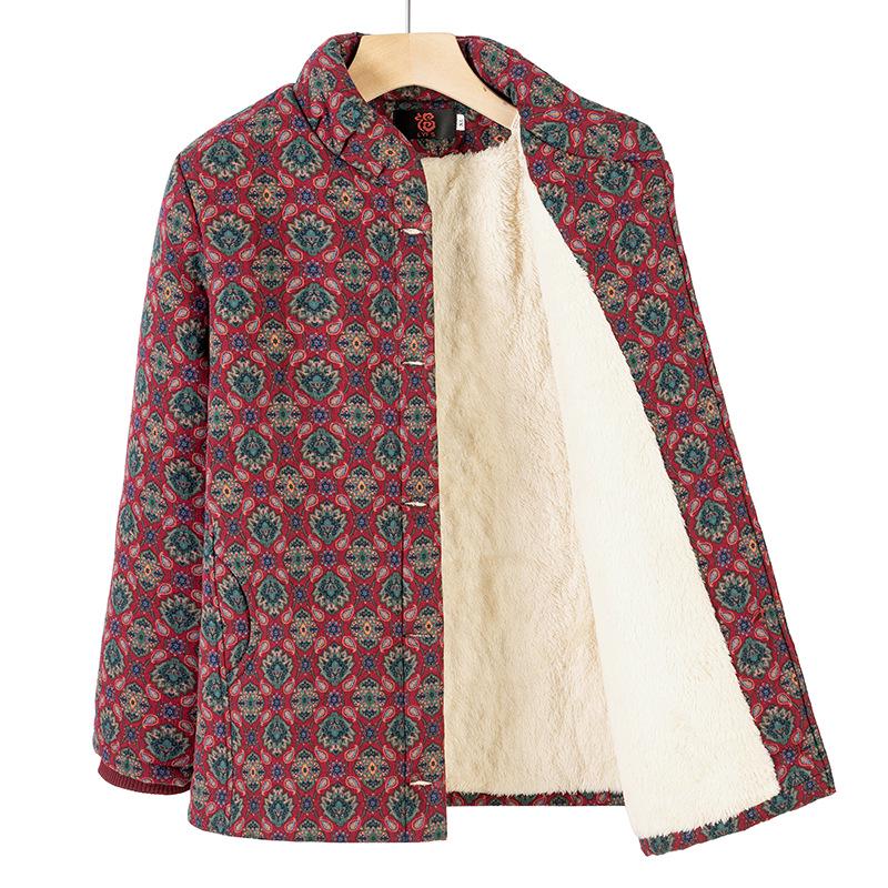 Floral Velvet-Lined Winter Coat for Middle-Aged and Elderly Women