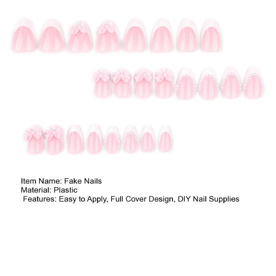 24Pcs Pink Bow Women Press on Nails Faux Pearl Almond Stick-on Fake Nails