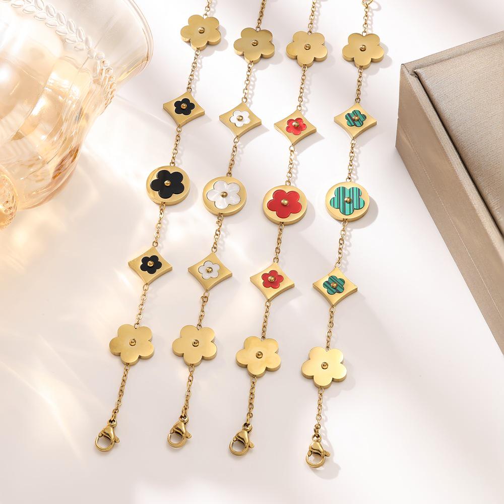 Trendy Titanium Steel Mother-of-Pearl Flower Bracelet, 18K Gold Plated Women's Summer Jewelry