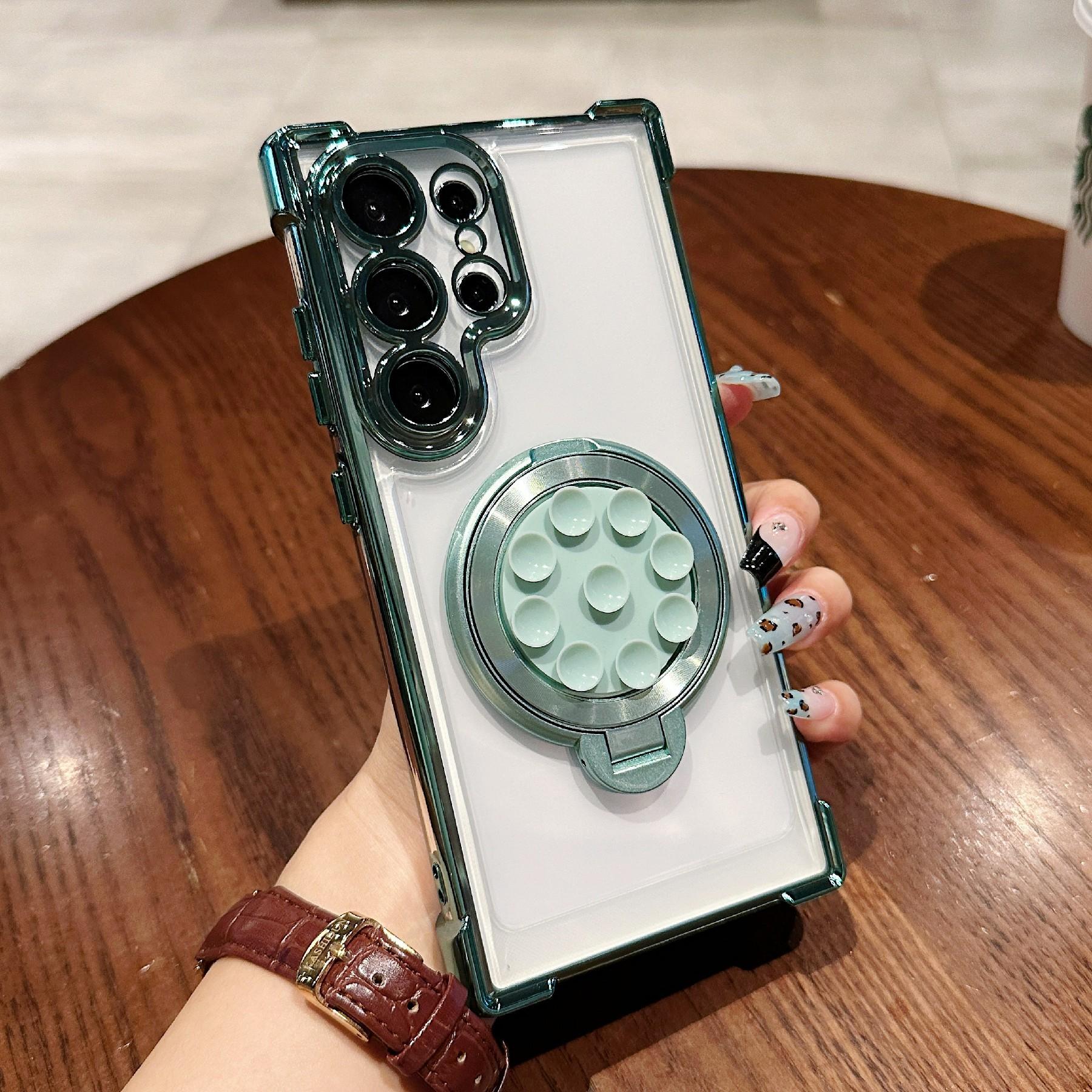 

For Samsung Galaxy S23 Ultra Magnetic Case Suction Cup Kickstand PC Phone Cover with Four Corner Airbag Cyan