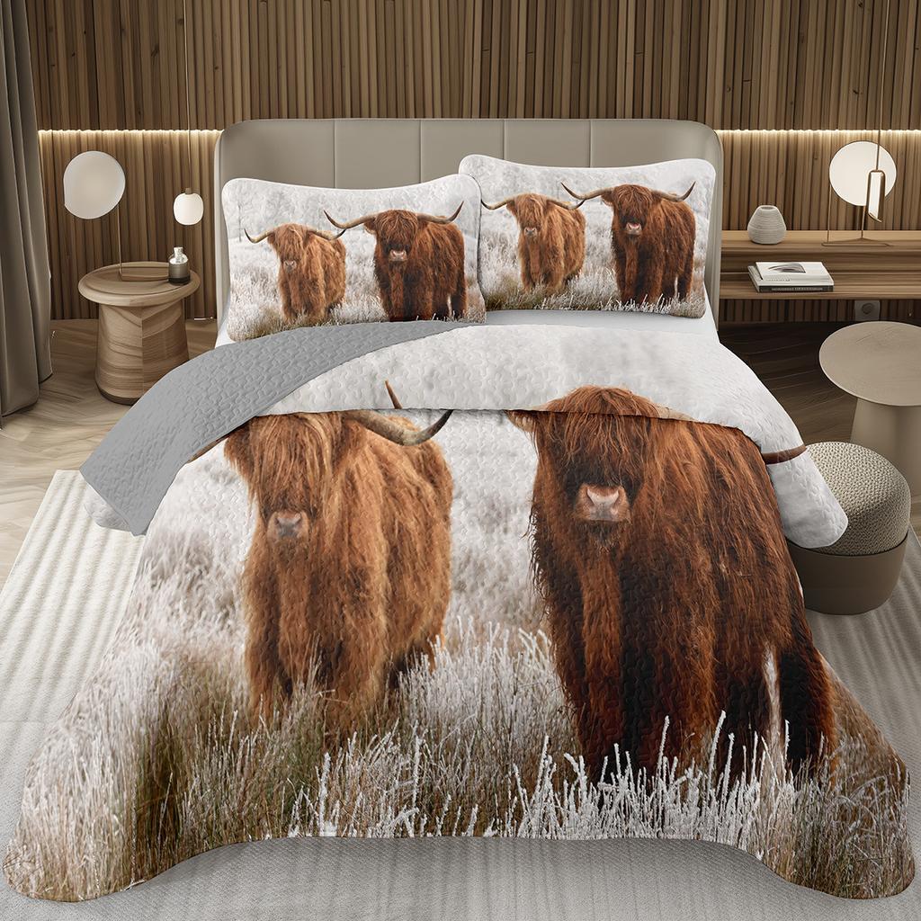 Hochlandkuh Tagesdecke Twin/King Bauernhoftier Stier Rind Überwurf Rustikaler Landhausstil Gestepptes Bettwäscheset Wendbare Tagesdecken