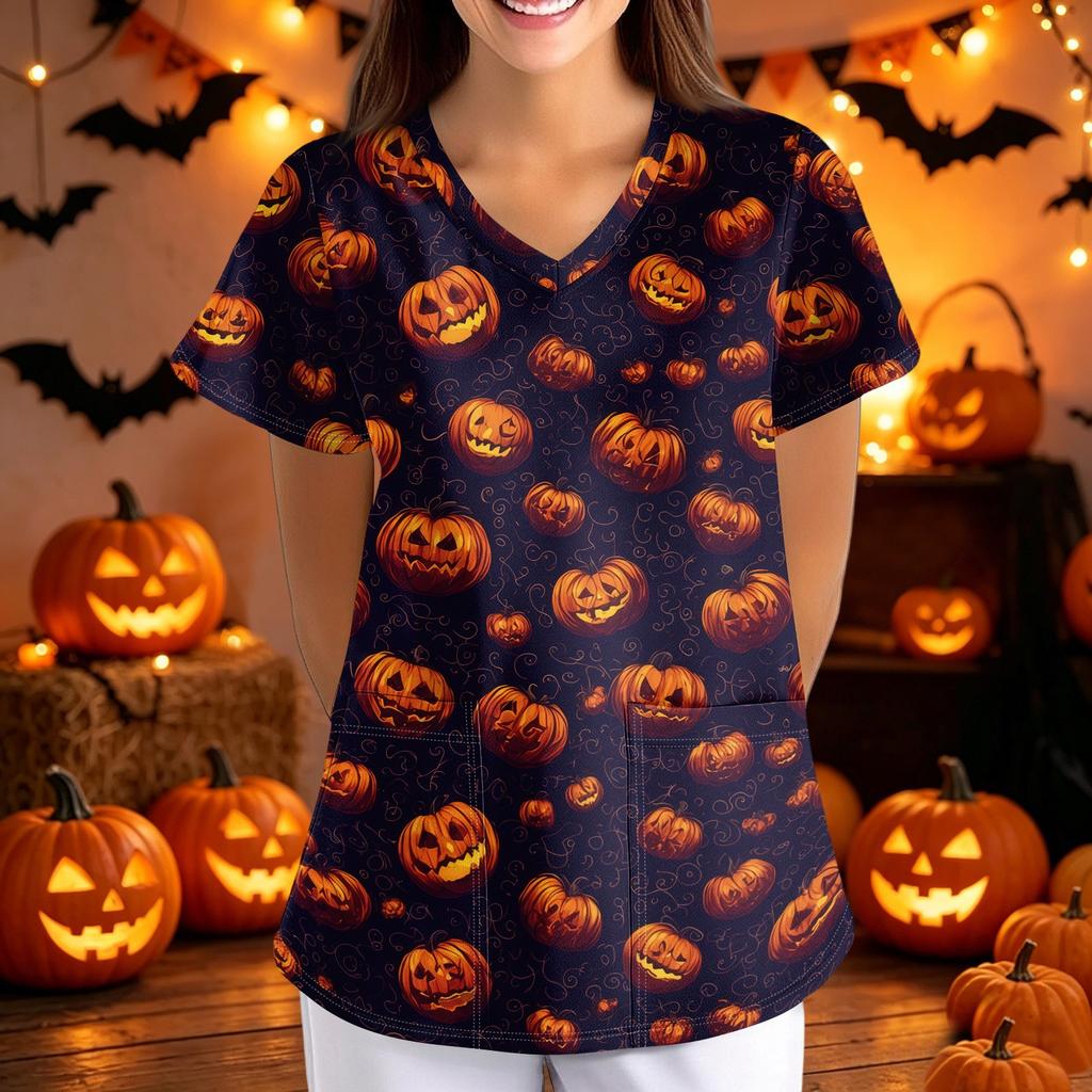 Women Halloween Print Loose Fit V Neck Short Sleeve Scrub Top Nurse Uniform with Pockets Suitable for Healthcare Professionals