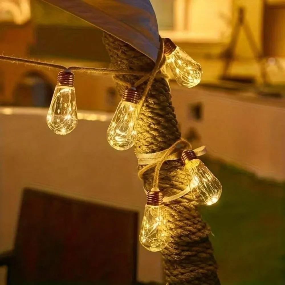 80LED Outdoor Garden Solar Light String, Bulb Hanging Retro Hemp Rope Light String, for Camping Courtyard Fence Garden