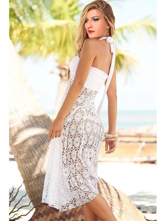

Европейское полупрозрачное кружевное вязаное платье без бретелей и накидка для купальника One Size белый