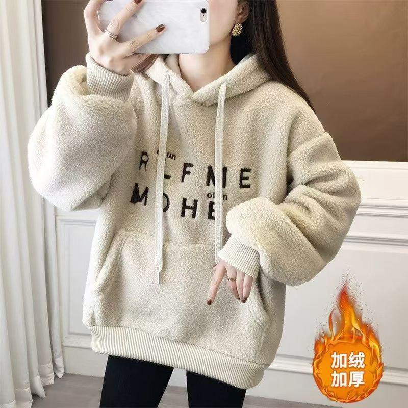 Womens Fleece Hoodie Thick Warm Winter 2026 Letter Embroidery Casual Loose Fit Sweatshirt