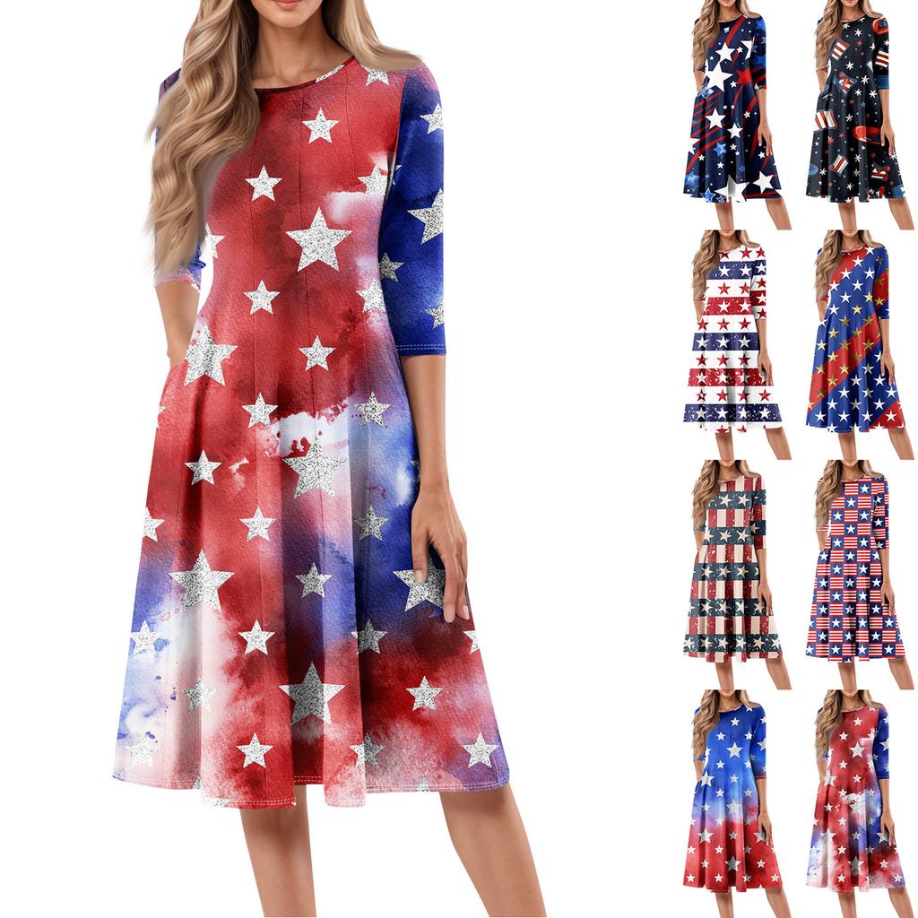 Women's Casual Fashion Round Neck Three Quarter Sleeve Independence Day Print Midi Dress