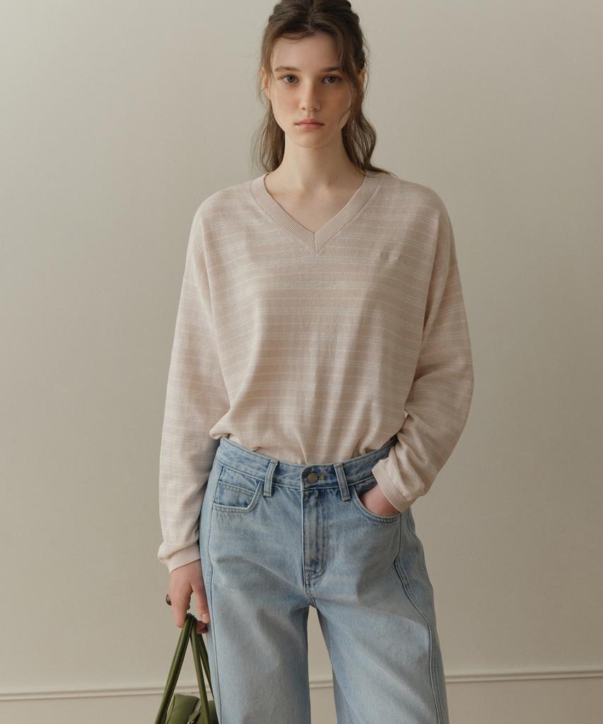 Poyueoaijeuonli If Stripe V-Neck Knit (Pink)