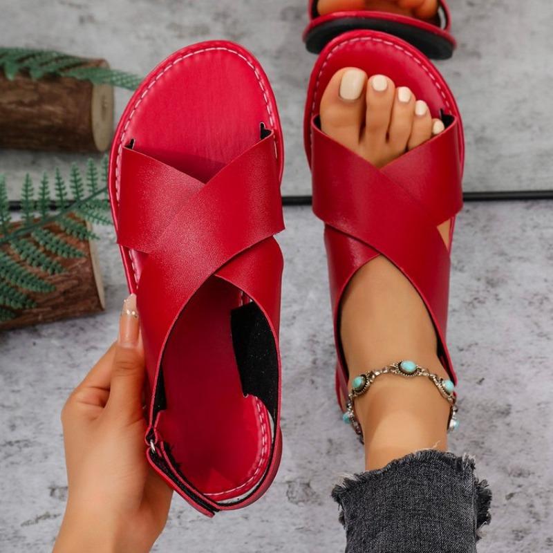 Fashion Summer New Flat Sandals for Women Cross Buckle Design Open Toe Women's Sandals Velcro Women's Shoes Vintage Style Beach Sandals