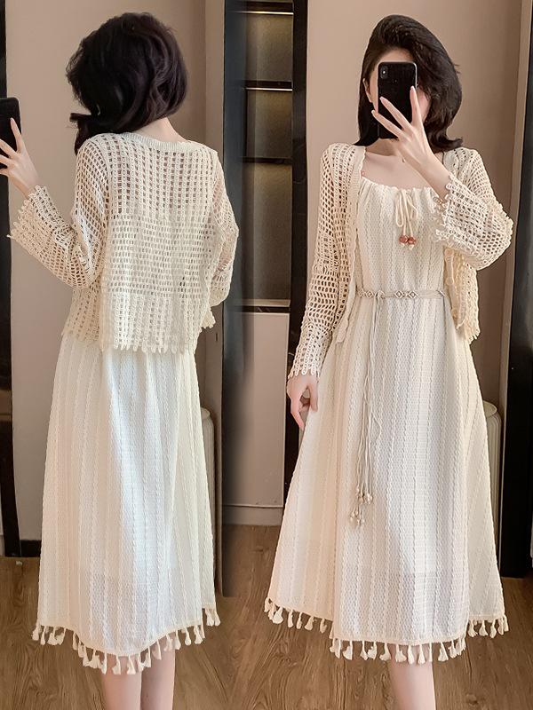 Bohemian Tassel Spaghetti Strap Fitted White Dress with Shawl - Early Spring Collection