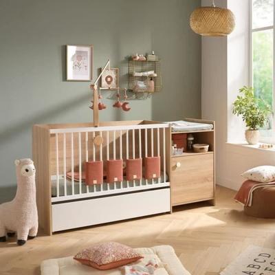 Kombinationsbabybett - 120x60cm - Umbaubar auf 90x190cm - Babyprice Up - Holzdekor - Mit Wickelkommode 1 Tür