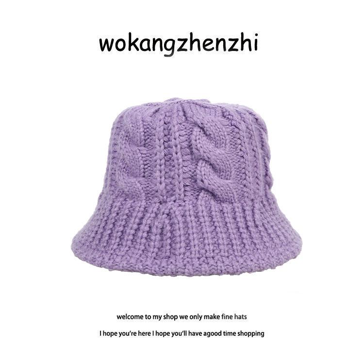 Black knitted hat is suitable for round face warm braided thick wool hat for women in autumn and winter