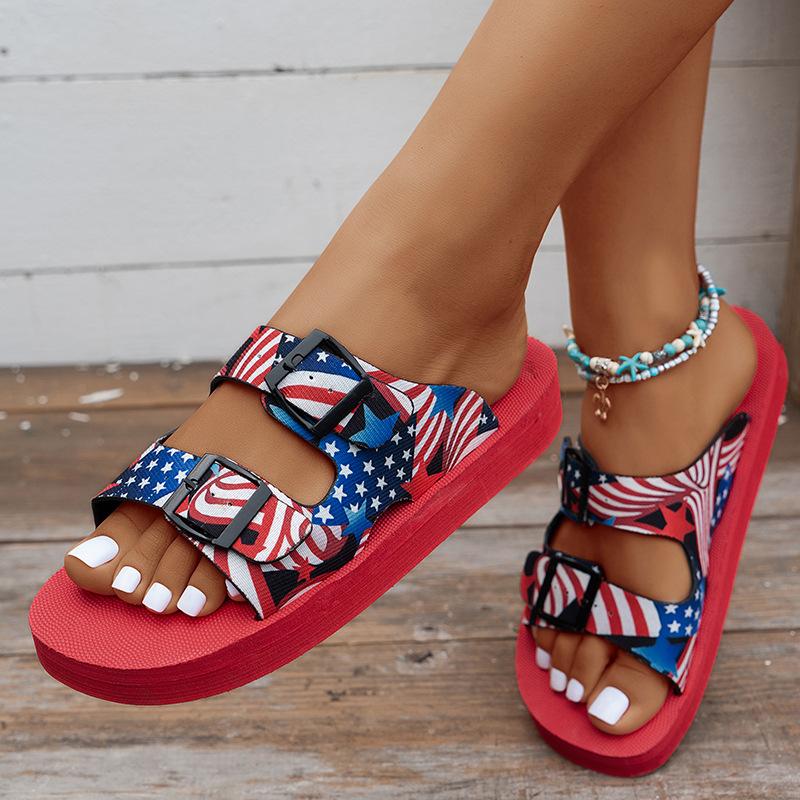 European and American foreign trade large size belt buckle light foam bottom one-word slippers women wear colored graffiti beach cool slippers