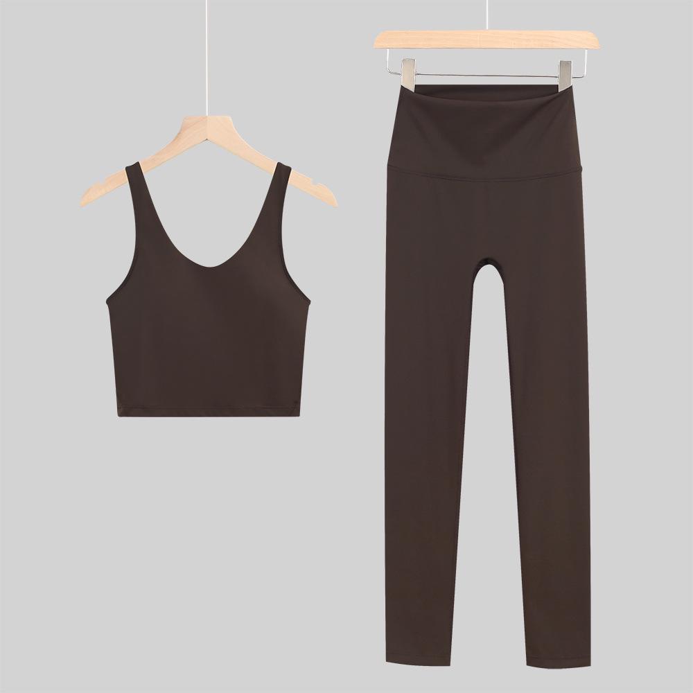 Lulu U-Back Sports Tank & 9-Point Yoga Pants Set with Bare-Feel Push-Up Bra for Women's Fitness