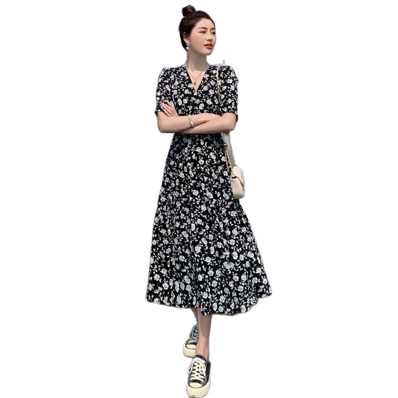 Large Size New Temperament Age-reducing Chiffon Dress Women's Summer Fat Mm Belly Covering and Thin Long Black Floral Dress