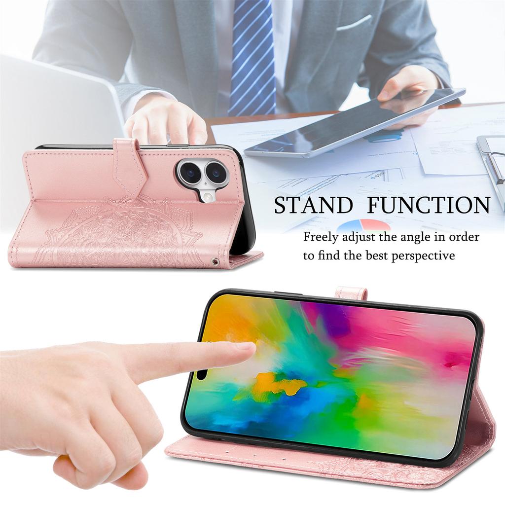 For iPhone 16 Plus Case Mandala Embossed Design Leather Wallet Phone Cover