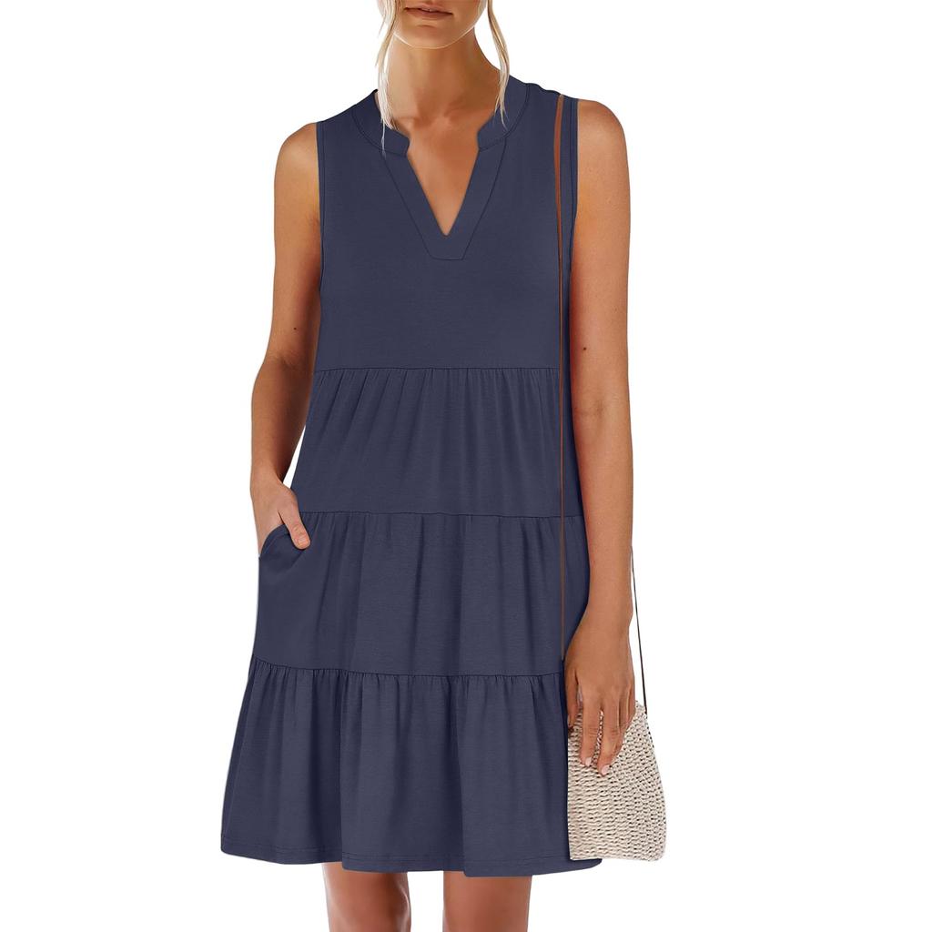 Women's Summer Fashion V-neck Sleeveless Patchwork Solid Color Casual Dresses