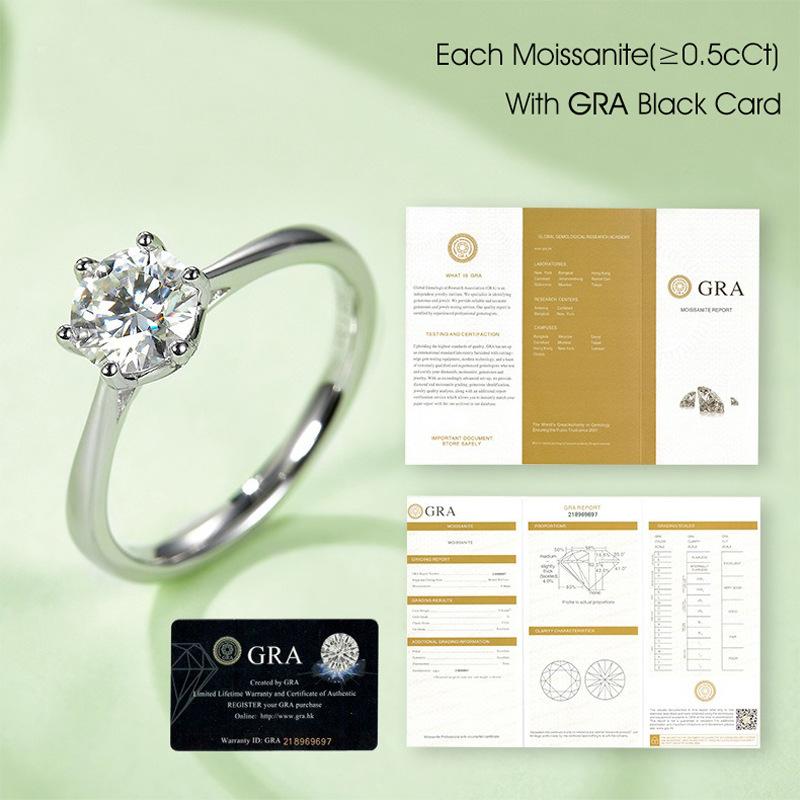 Versatile S925 Sterling Silver Inlaid 1 Carat Moissanite Wedding Ring Single Six-Claw Round Mozzarella Ring