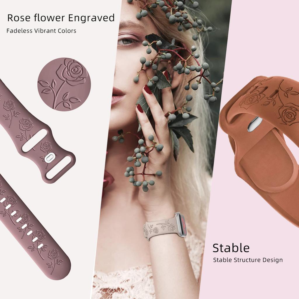 For Apple Watch 10 46mm/Ultra 2/Ultra 49mm/9 8 7 45mm/SE (2023) SE (2022) SE 6 5 4 44mm/3 2 1 42mm Rose Engraved Silicone Strap