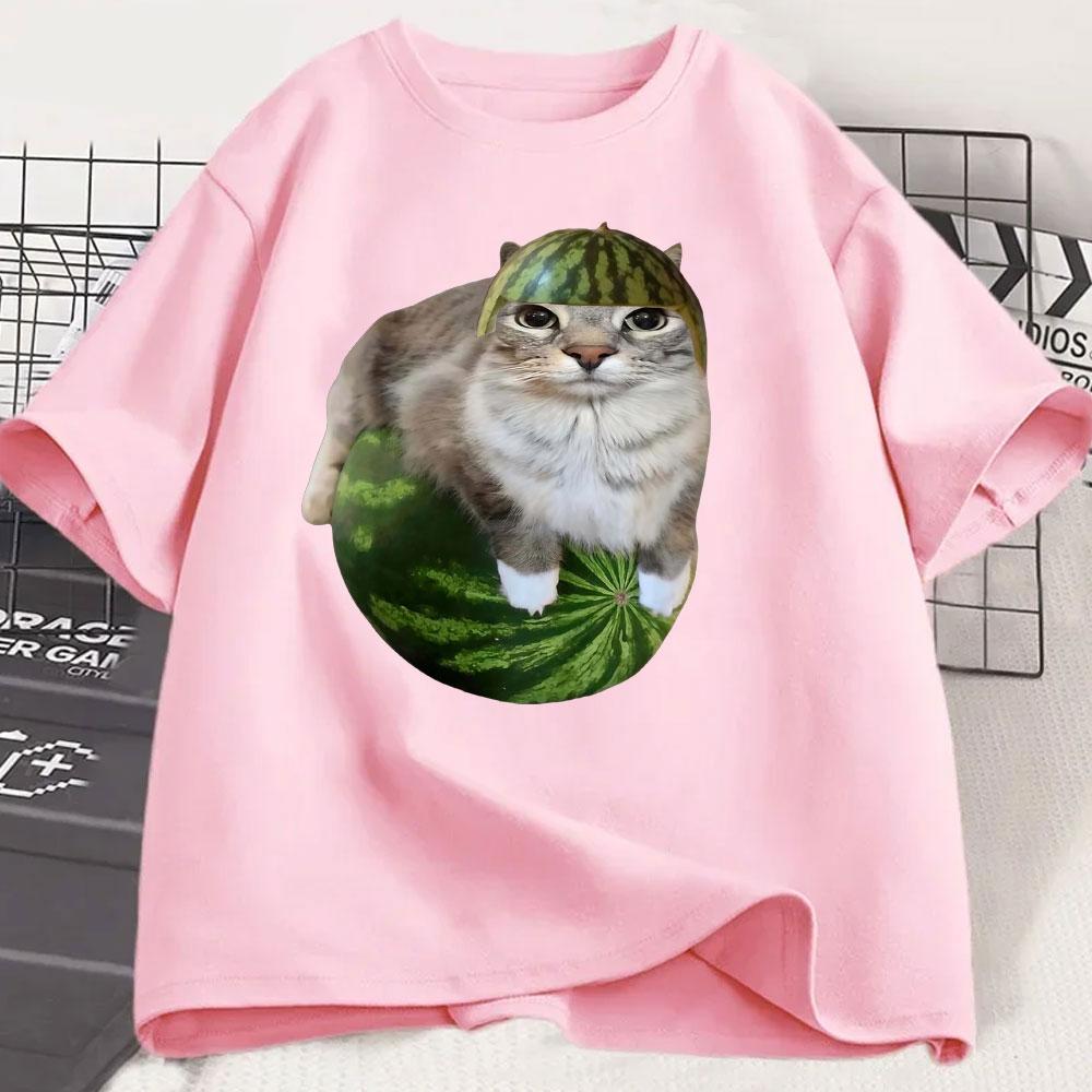 Watermelon Cat Silly Cat Funny Meme T Shirts Men's Women Clothing Casual Cotton T-shirt Fashion Short Sleeve Oversized T-shirts