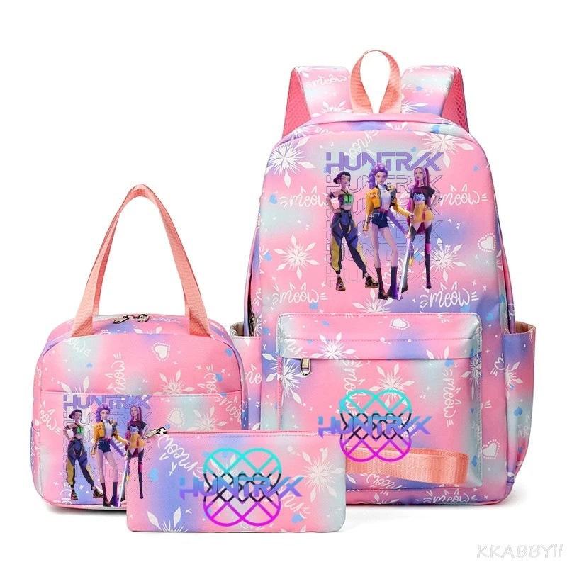 KPOP Nylon 3 Piece Set School Backpack for Students with Cartoon Print Air Cushion Design