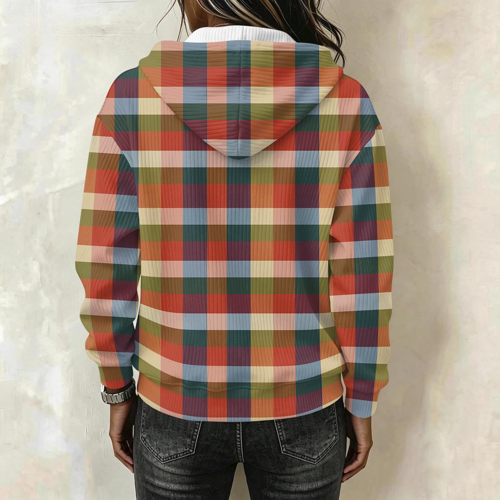 Women's Long Sleeve Drawstring Hoodie with Striped Plaid Print Pullover Sweatshirt