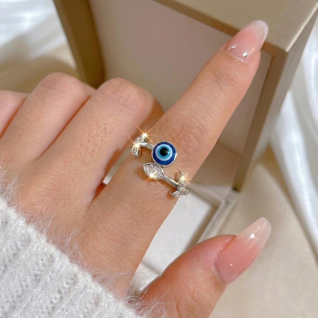 Lucky Blue Evil Eye Open Rings for Women Light Luxury Shiny Cubic Zirconia Copper Rings Trendy Wedding Aesthetic Jewelry Gifts