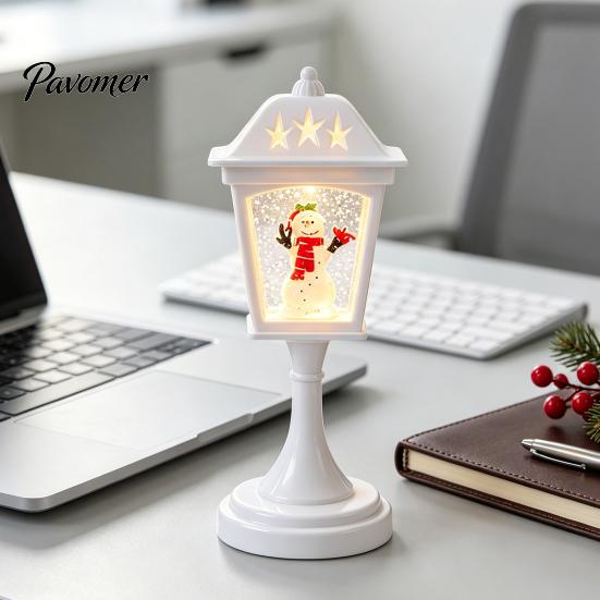 Desktop Healing Decoration Christmas Snow Sphere Lamp, Retro Street Lamp Design, Santa Home Interior Accents Snowman Tree Night Light for Bedroom,