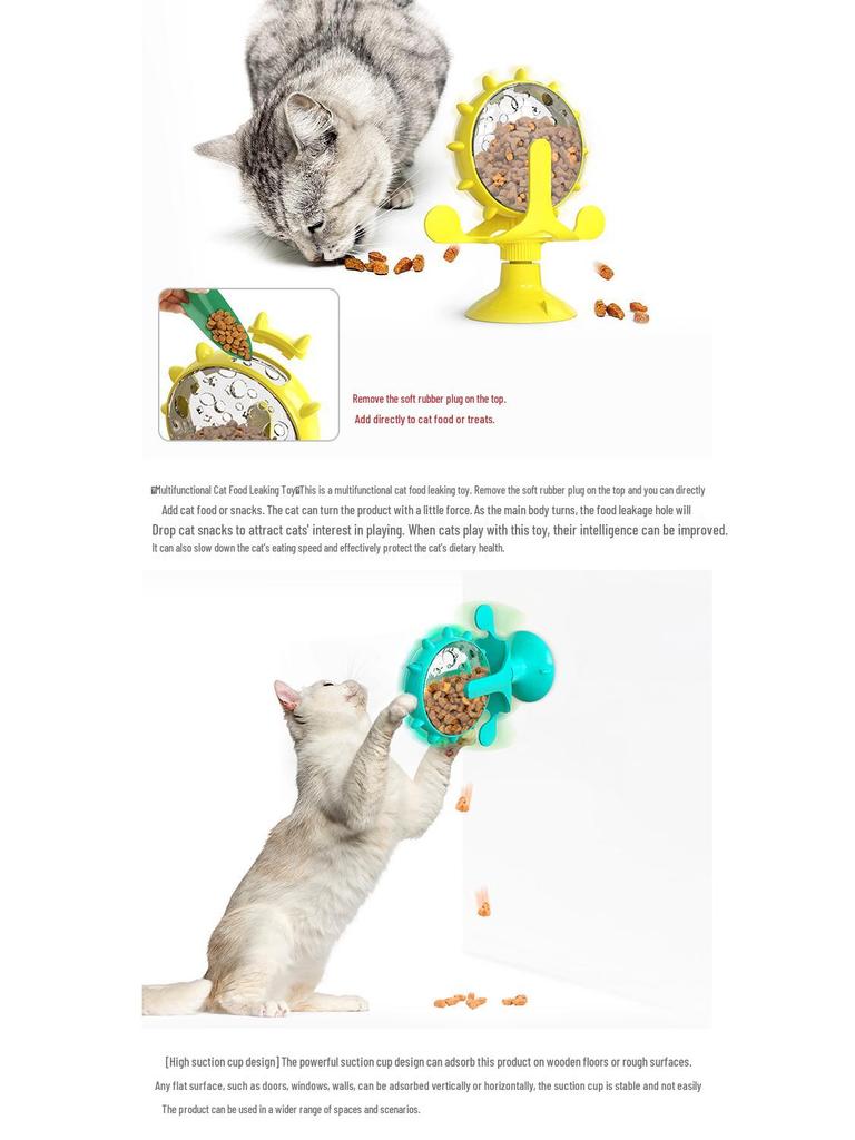 Cat Toy Turntable: Spinning Windmill, Treat Dispenser, Teaser Wand, and Teaser Stick.
