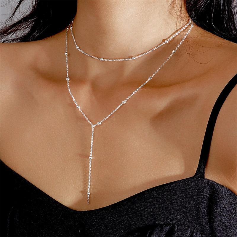 Layered Tassel Necklace for Women Adjustable Length Multi-Strand Beaded Chain Collarbone Jewelry Chest Chain Accessory