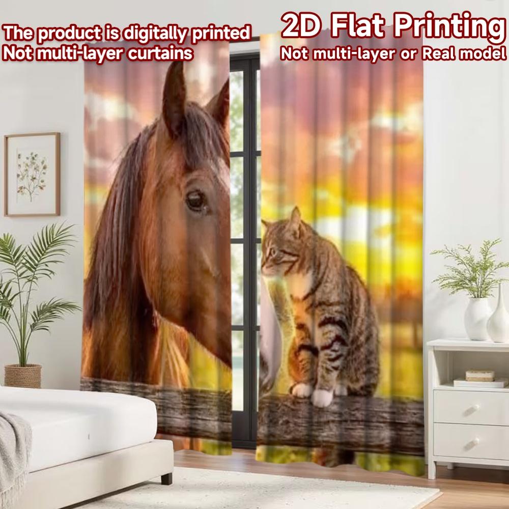 2D Flat Printing 2pcs Curtain Drapes Horse and Cat Sunset Digital Printed Polyester Drapes Family Party Decoration Perfect for
