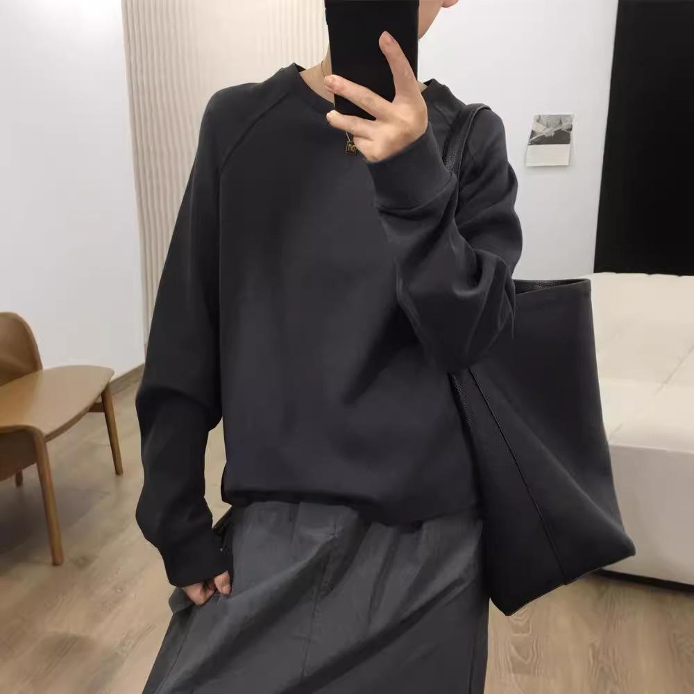 Women's Crew Neck Raglan Sleeve Sweatshirt Loose Fit Solid Color Korean Casual Style Autumn Cropped Cotton Pullover Versatile Daily Long Sleeve Top
