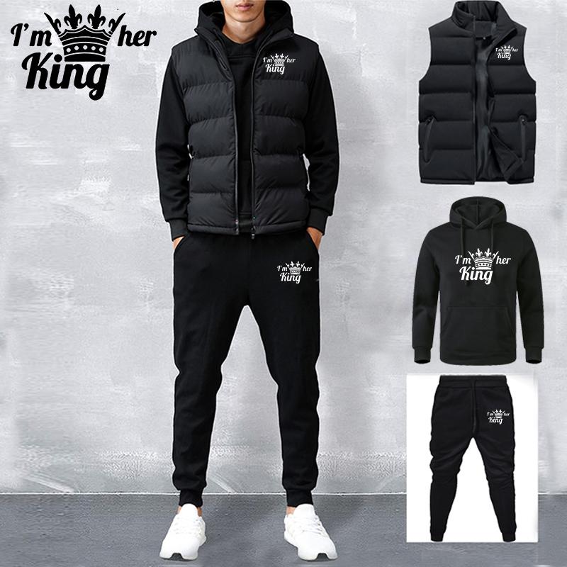 Men's Tracksuit New Autumn and Winter Solid Color  Printed Hoodie + Vest + Pants Three-piece Set Couple Casual Sportswear