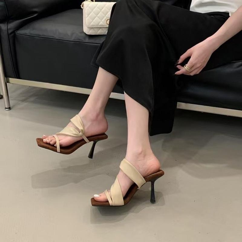 Retro square-heeled sandals one-word high heels French elegant cool slippers one-pedal open-toed high-heeled slippers
