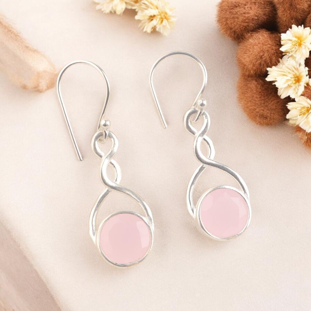 Boucles d'oreilles Bijoux Uniques en Argent Sterling 925 Pierre Gemme Calcédoine Rose Attrayante CE-15-13
