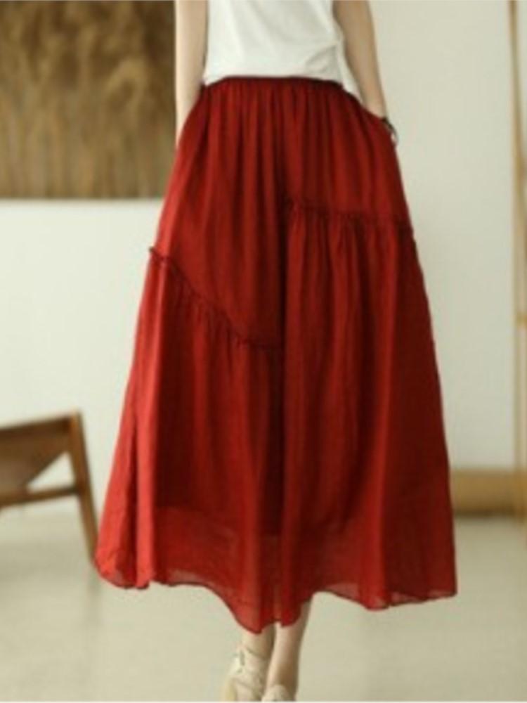 Johnature Women Patchwork Vintage Skirts Elastic Waist Solid Color High Quality Cloths Soft Women A-Line Skirts