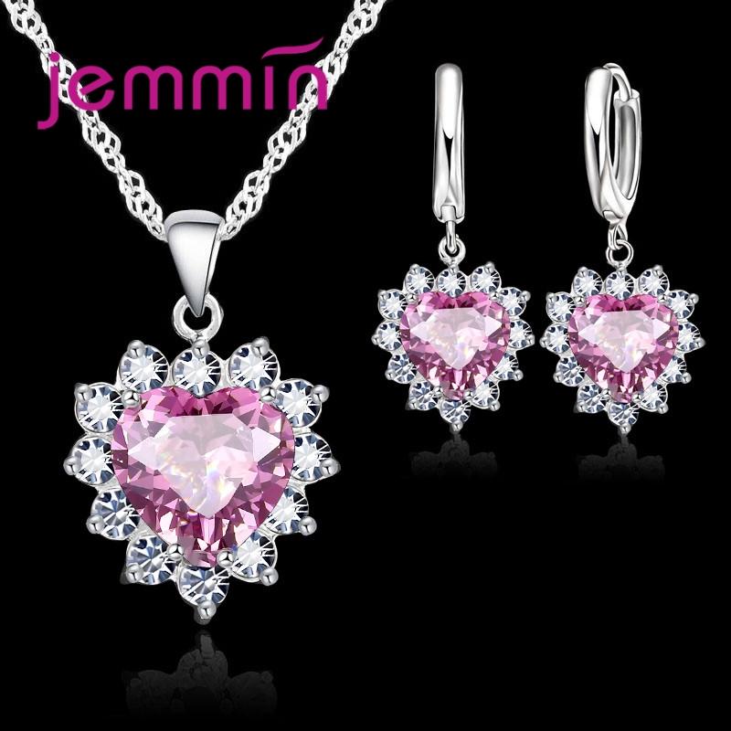 Top Sale Wding Engagement Anniversary Gift Zircon Sets 925 Copper Color Stamped Heart Pendant Hoop Earrings for Women Girls